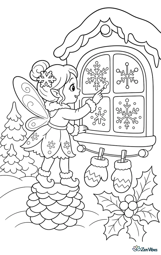 A winter fairy traces frosty snowflake patterns on a cottage window, standing on a pinecone stool, with holly leaves, mittens drying on a line, and snow-covered fir trees.