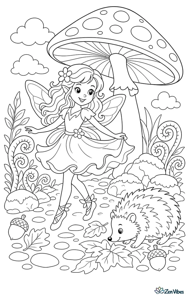 A chestnut-haired fairy twirls beneath a spotted toadstool parasol along a forest path, with curled ferns, mossy stones, acorn caps, and a hedgehog nosing through fallen leaves.