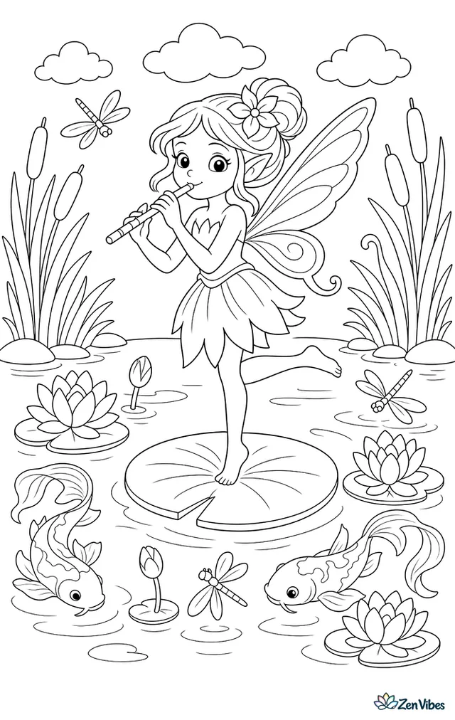 A pond fairy balances on a water lily pad while playing a reed flute, surrounded by koi fish, cattails, floating blossoms, lily buds, and dragonflies skimming the water.