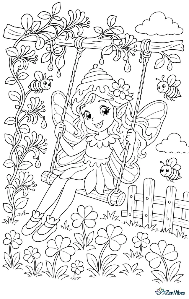 A honey fairy swings from a honeysuckle vine tied to a branch, with climbing blossoms, striped bees, hanging dew drops, clover below, and a rustic fence beyond the meadow.