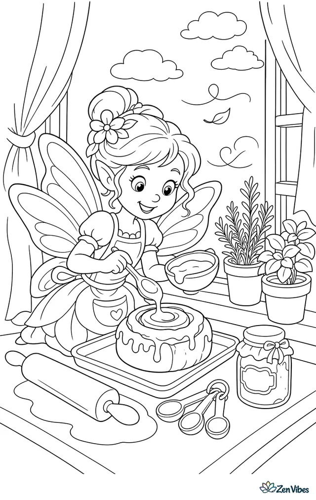 A kitchen fairy ices a warm cinnamon bun on a windowsill tray, with rolling pin marks, measuring spoons, a jam jar, potted herbs, and curtains fluttering in the breeze.