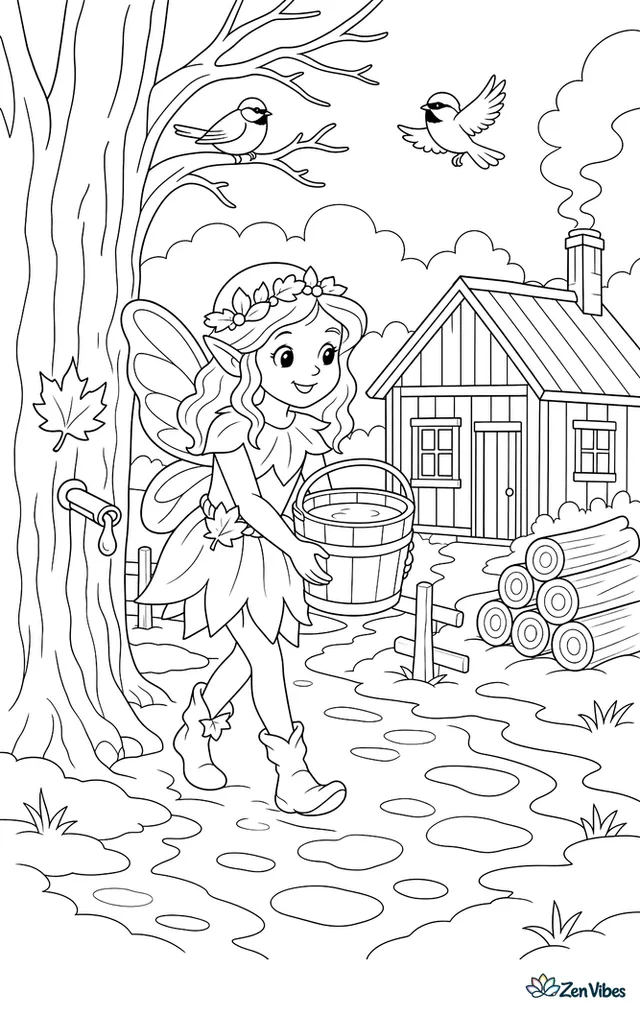 A woodland fairy carries a bucket of maple sap from a tapped tree toward a tiny sugar shack, with stacked logs, snow patches, chickadees, and smoke curling from the chimney.