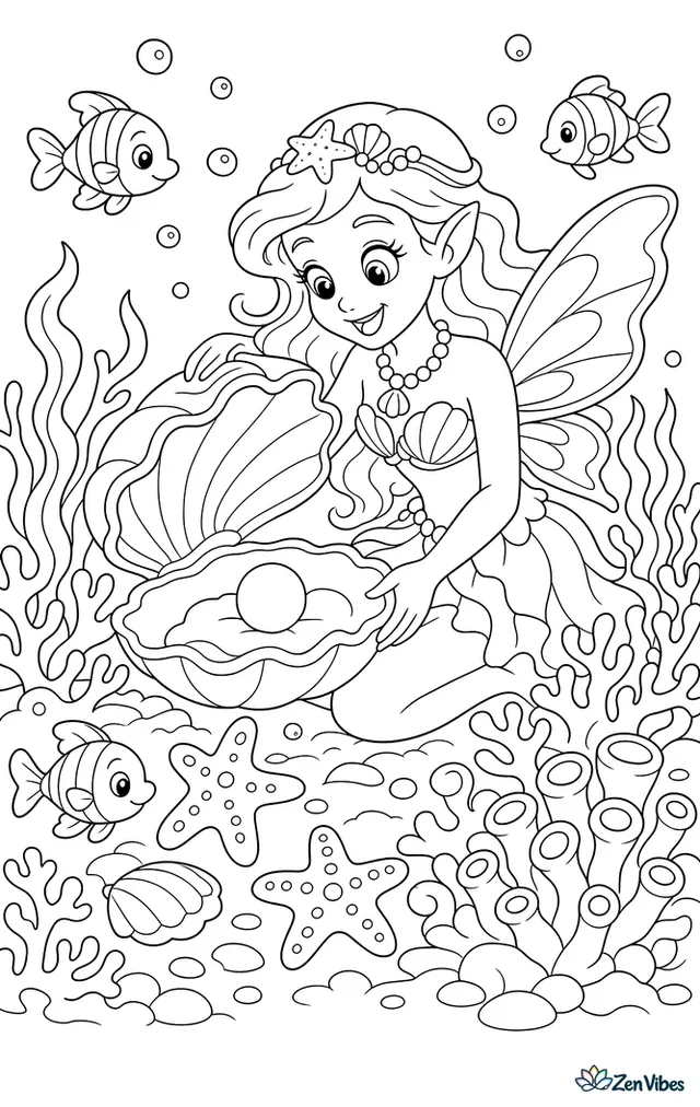 A sea fairy opens a giant oyster to admire a round pearl, seated among coral branches, waving seaweed, starfish, bubbles, and small fish weaving through the reef.