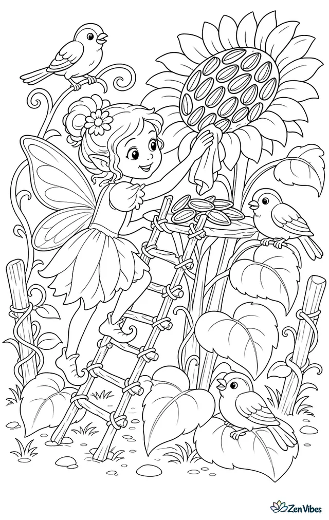 A field fairy climbs a twig ladder to polish sunflower seeds with a soft cloth, while sparrows perch nearby among broad leaves, garden stakes, and curling tendrils.