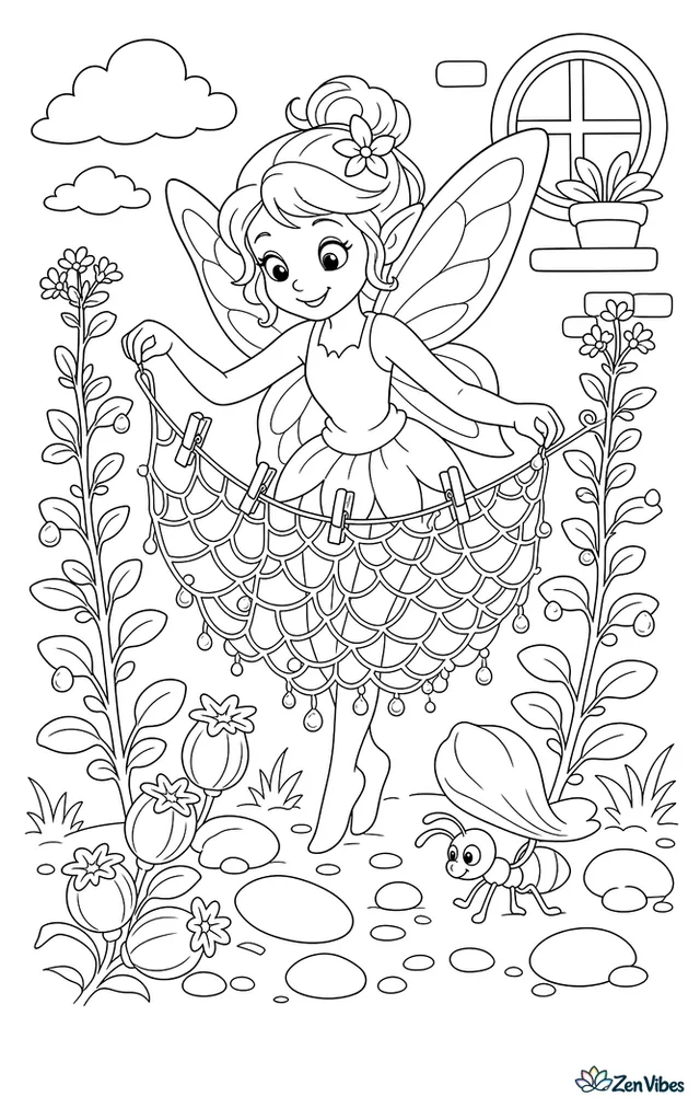 A morning fairy stretches sparkling cobweb lace between two thyme stems, with dew beads, tiny clothespins, seed pods, smooth pebbles, and an ant carrying a petal below.
