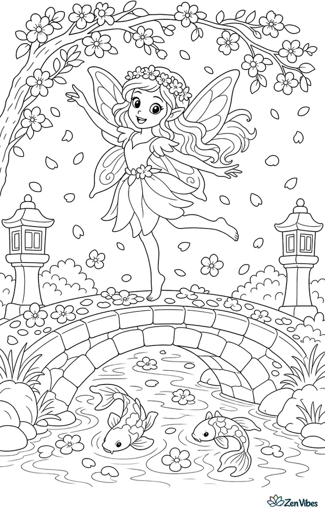 A spring fairy dances through falling cherry blossoms on a stone bridge, with rippling water, arched branches, koi below, lantern posts, and petals collecting along the path.