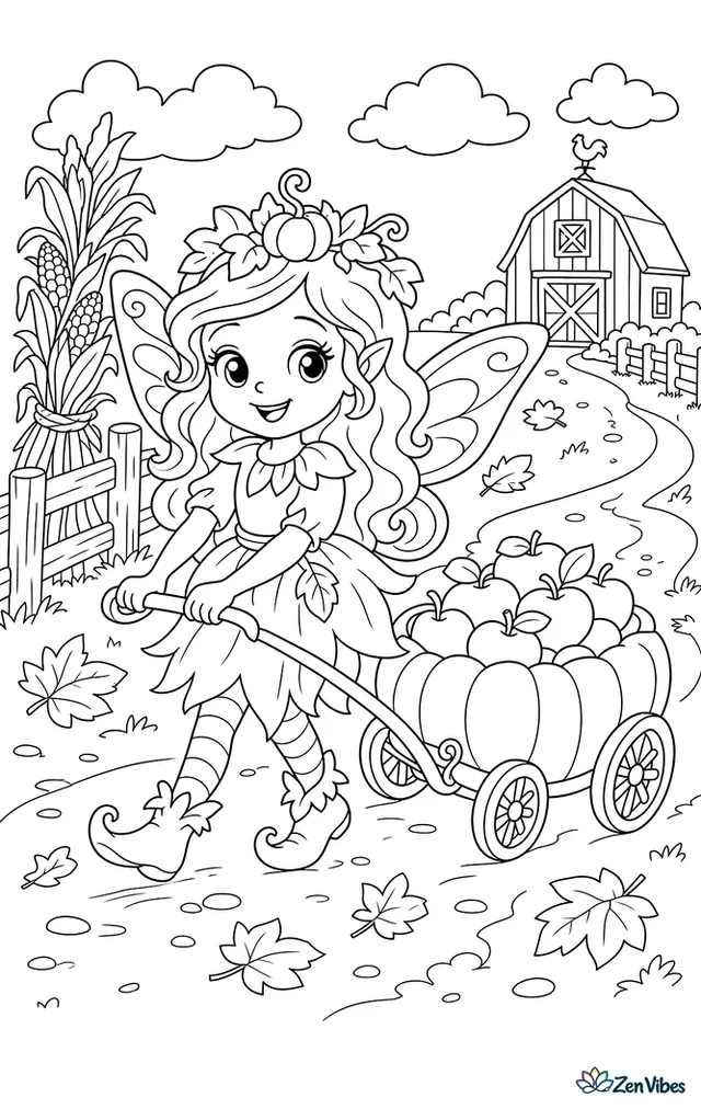 A harvest fairy pulls a miniature pumpkin cart filled with apples across a farm lane, with cornstalk bundles, fence posts, fallen leaves, and a barn in the distance.