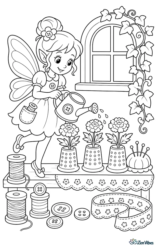 A sewing fairy waters marigolds planted inside shiny thimbles on a shelf, with spools of thread, buttons, lace trim, a pin cushion, and trailing ivy around the window.