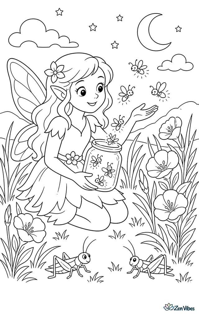 A twilight fairy gently releases glowing fireflies from a glass jar into a meadow, with tall grasses, evening primroses, distant hills, crickets, and a crescent moon rising.