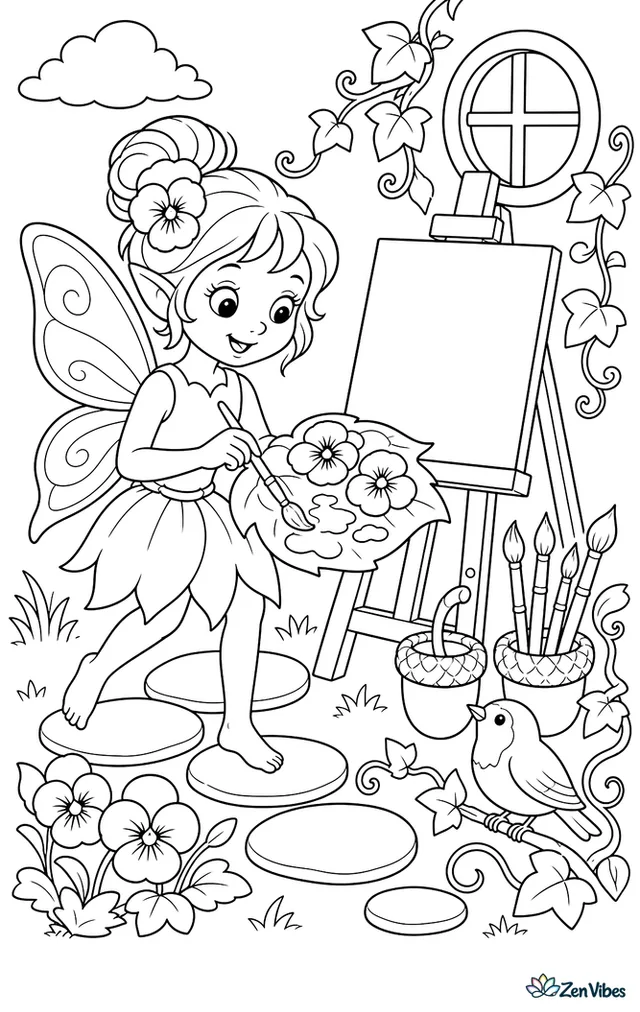 An artist fairy mixes colors from pansy petals on a leaf palette beside an easel, with paintbrushes in acorn cups, stepping stones, ivy curls, and a robin observing quietly.