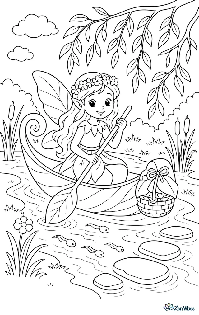 A river fairy rows a curled willow-leaf boat along a narrow stream, passing reeds, stepping stones, tadpoles, overhanging branches, and a woven basket tied at the bow.