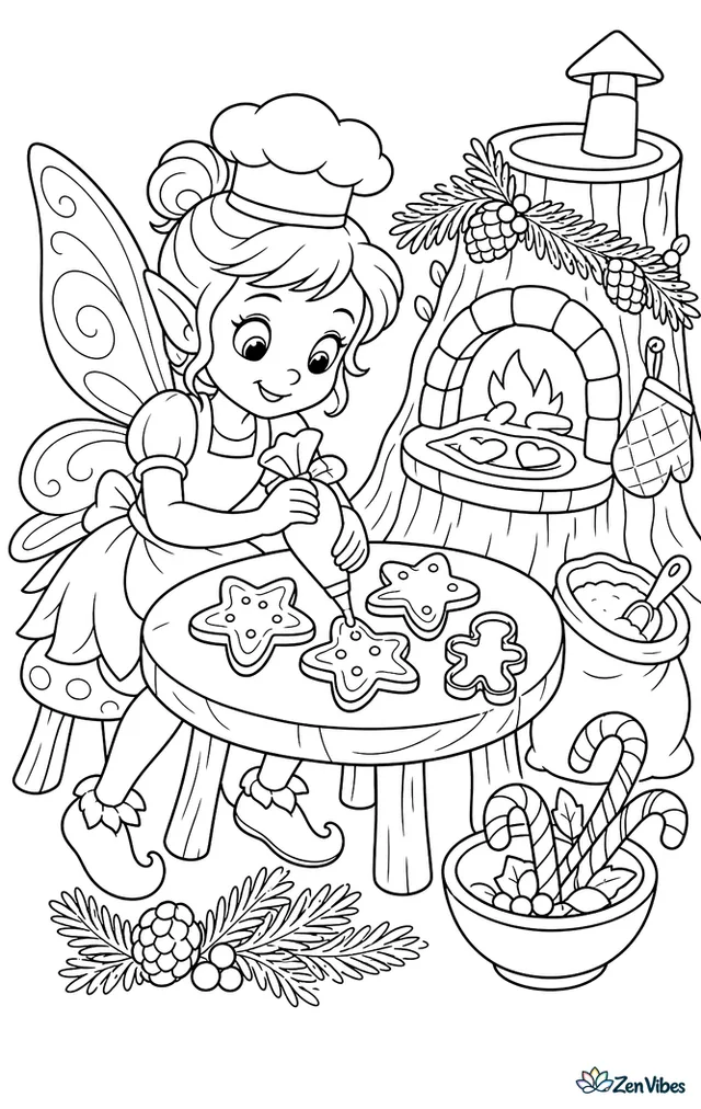 A baking fairy places icing dots on gingerbread stars at a tiny table, with cookie cutters, a flour sack, candy canes, pine garland, and a warm oven built into a stump.