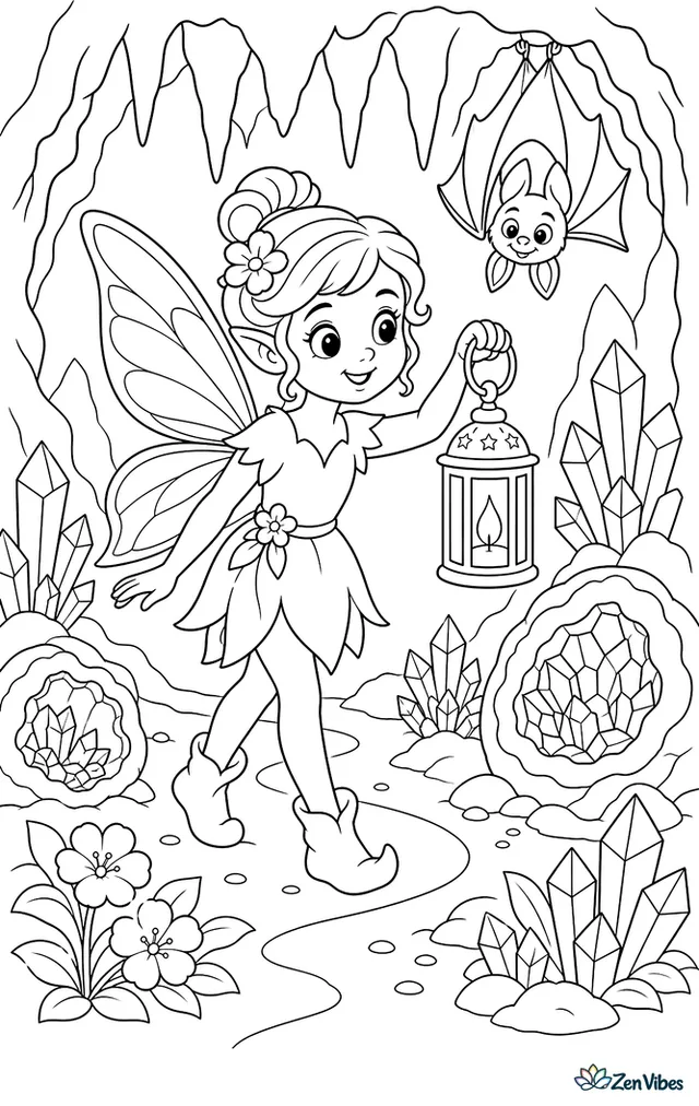 A cave fairy holds a lantern while exploring a crystal grotto, with pointed stalactites, shining geodes, underground flowers, a winding path, and a friendly bat hanging above.