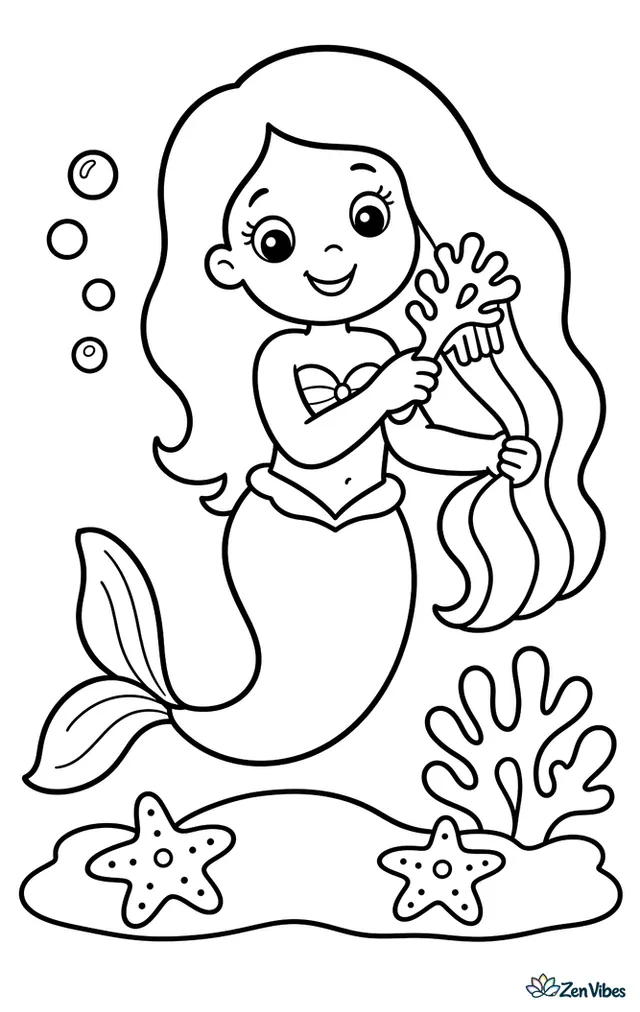A mermaid slowly combs her long hair with a coral-shaped comb while floating above a sandy seabed, with two starfish, a simple coral cluster, and small bubbles nearby.