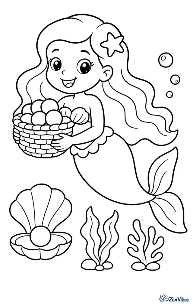 A mermaid carries a woven basket filled with large pearls as she glides past a calm seafloor, with one clam shell, two sea plants, and a few bubbles beside her.
