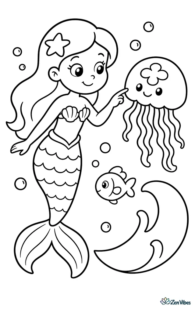 A mermaid gently taps a floating moon jellyfish with one fingertip near the surface, with a crescent wave, a tiny fish, and simple bubbles surrounding them.