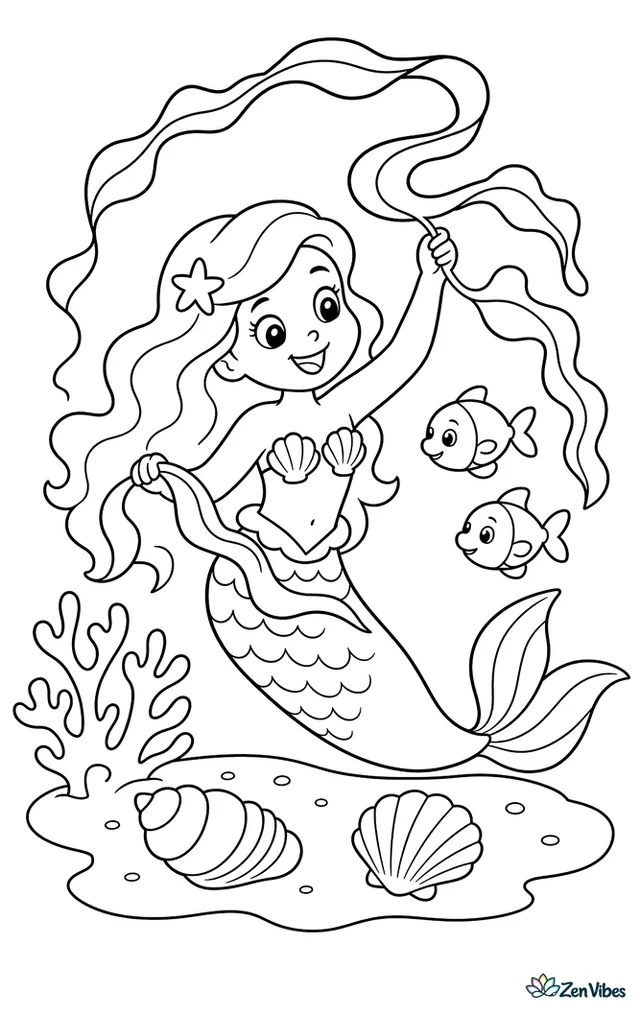 A mermaid twirls a long ribbon of kelp like a streamer over a sandy patch, with two seashells, a branching coral piece, and a pair of small fish nearby.
