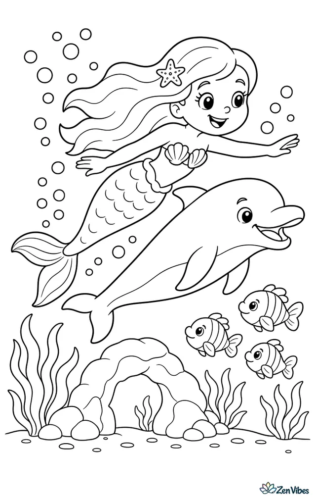 A mermaid races beside a bottlenose dolphin, blowing a trail of playful bubbles, with sea grass below, a small rock arch, and three fish watching them pass.