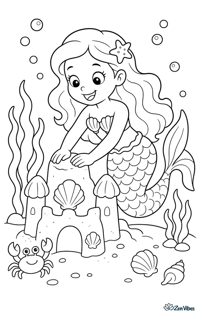 A mermaid pats the top of a sandy castle with both hands on the seafloor, with shell towers, waving sea grass, a tiny crab, and bubbles around her.