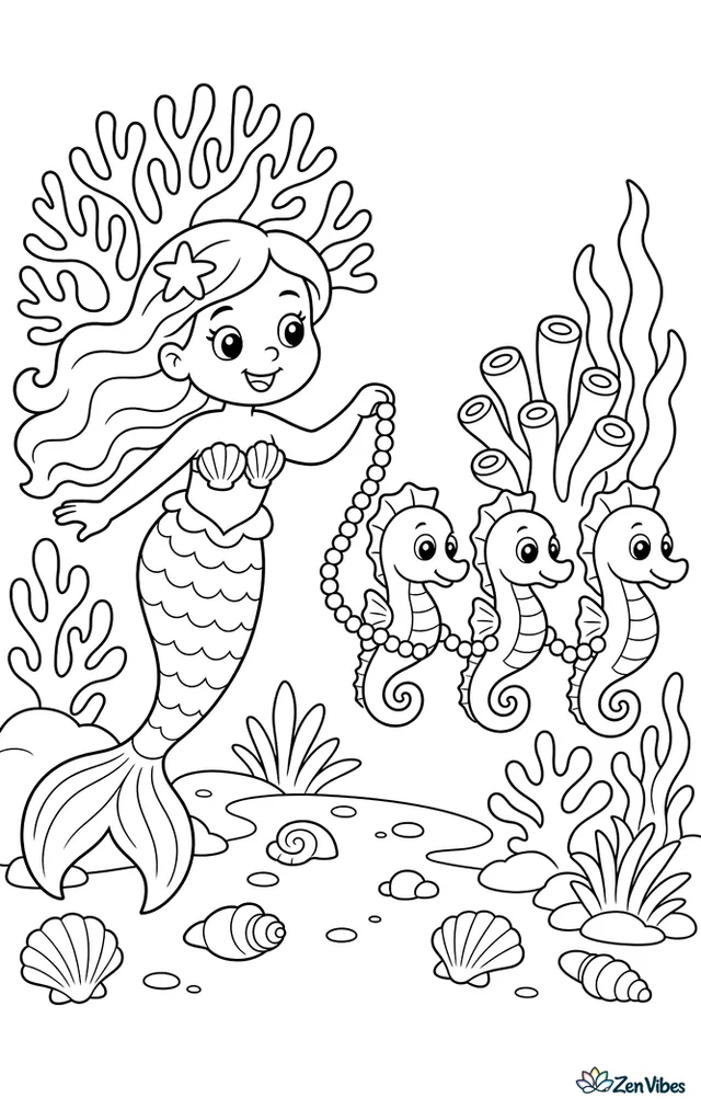 A mermaid leads three lined seahorses through a coral garden, holding a strand of pearls, with fan coral, sea grass tufts, and scattered shells along the path.