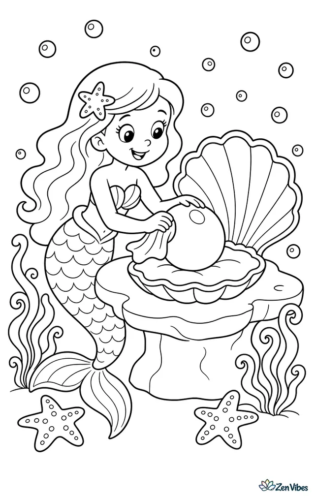 A mermaid polishes a large pearl beside an open giant clam, with a flat rock table, curly seaweed, two starfish, and drifting bubbles filling the scene.
