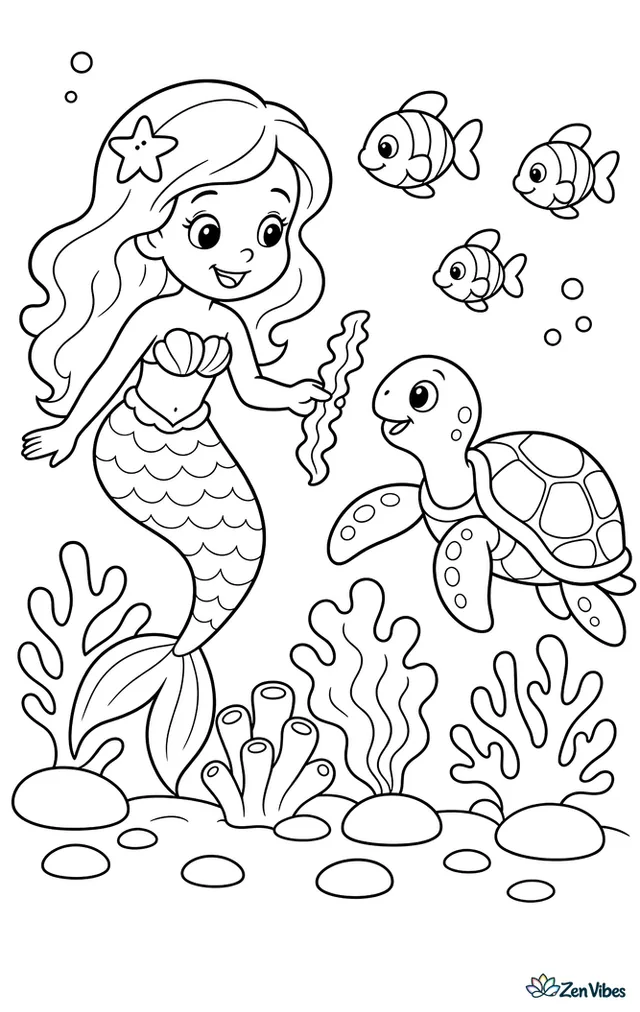 A mermaid offers a strand of sea lettuce to a green sea turtle in a coral garden, with rounded stones, branching coral, and three small fish nearby.