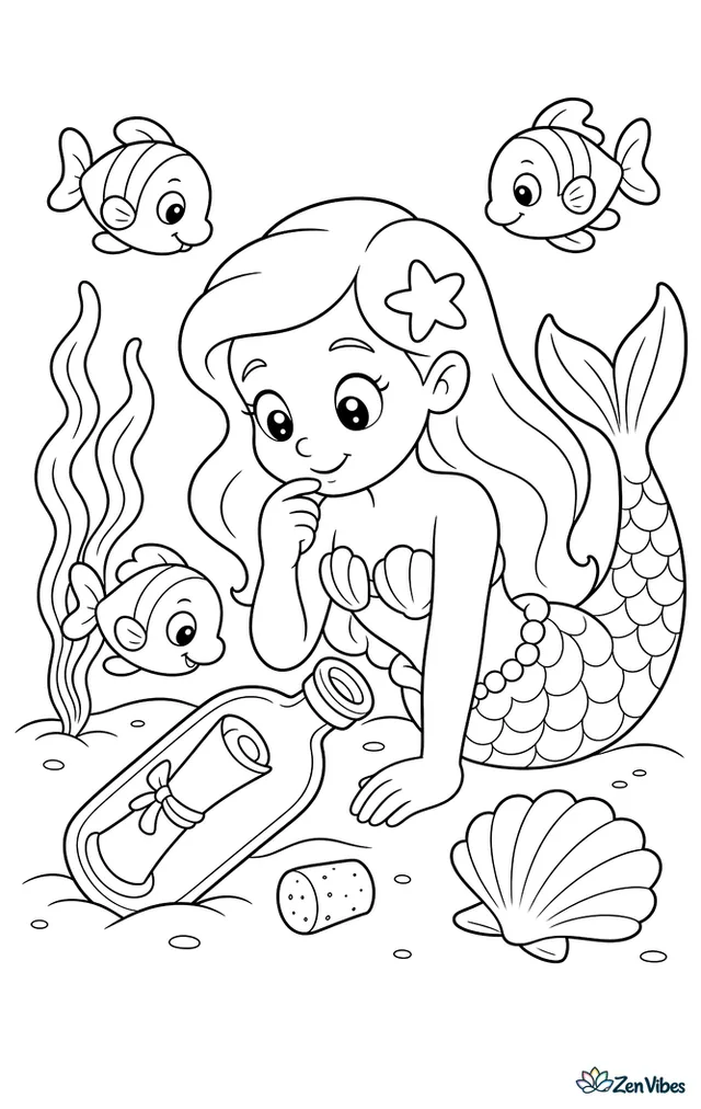 A mermaid studies a glass bottle resting in the sand, with a cork beside it, a waving kelp stalk, a scallop shell, and curious fish circling close.