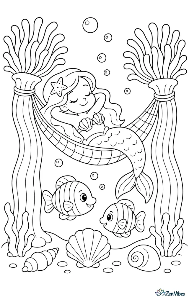 A mermaid lounges in a hammock woven between two large sea anemones, with striped fish below, shell decorations, and soft bubbles rising around her resting place.