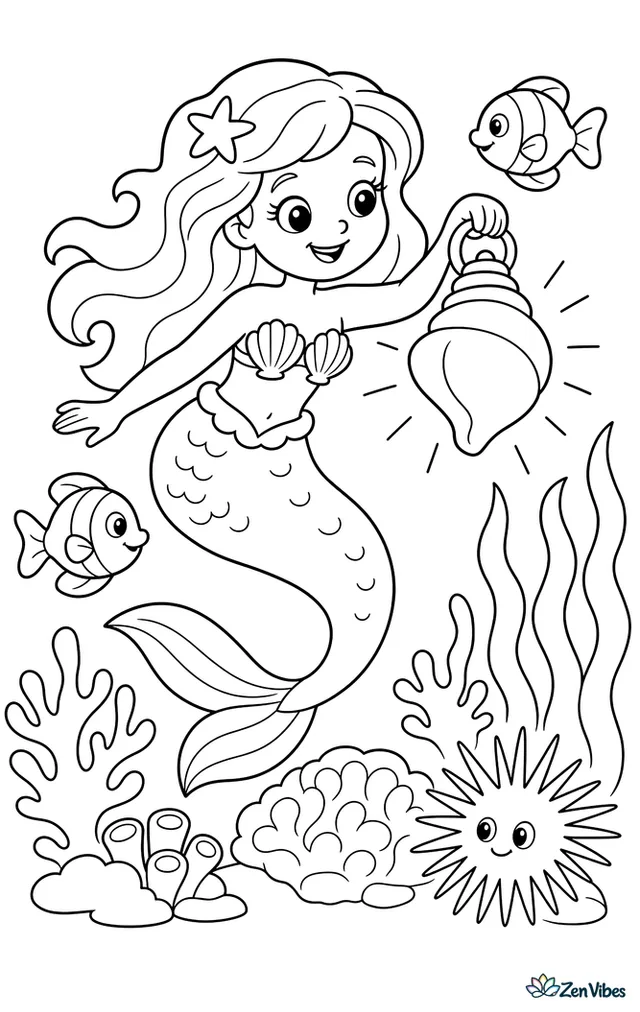 A mermaid holds a glowing lantern made from a polished shell while swimming over coral heads, with a sea urchin, two fish, and strands of kelp nearby.
