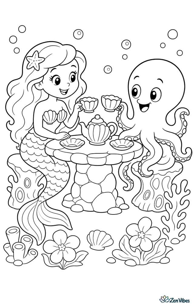 A mermaid shares a tiny tea party with a friendly octopus at a stone table, with shell cups, coral stools, sea flowers, and bubbles decorating the nook.
