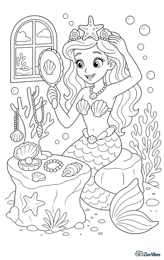 A mermaid places a five-armed starfish tiara on her head while looking into a hand mirror, with coral branches, shell jewelry, and bubbles around her vanity stone.