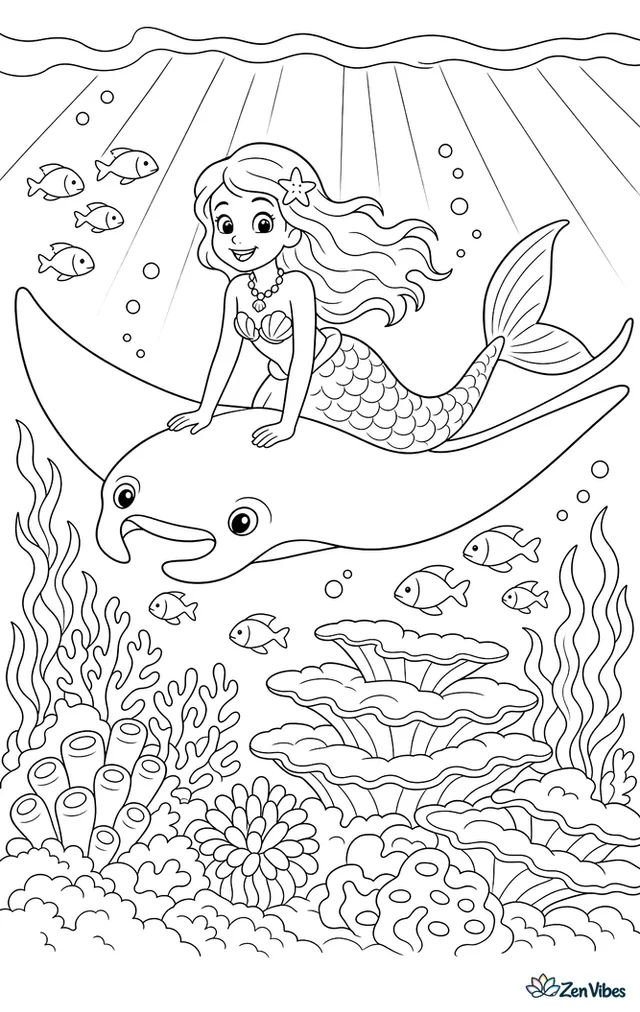 A mermaid rides gently on the back of a reef manta ray above layered coral formations, with schooling fish, waving kelp, and sunbeams filtering through the water.
