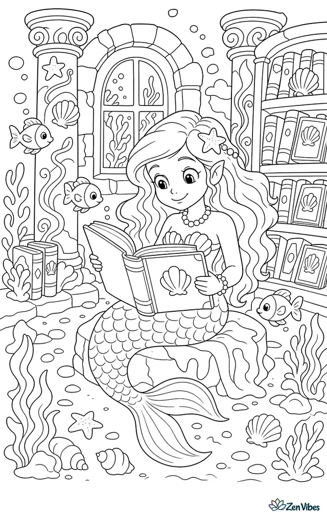 A mermaid reads a large book inside a sunken stone library, with carved columns, shelves of shell-covered books, drifting fish, and curling sea plants all around.