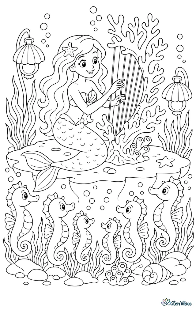 A mermaid plays a harp grown from branching coral on a flat reef stage, with gathered seahorses, shell lanterns, sea grass, and bubbles filling the audience space.
