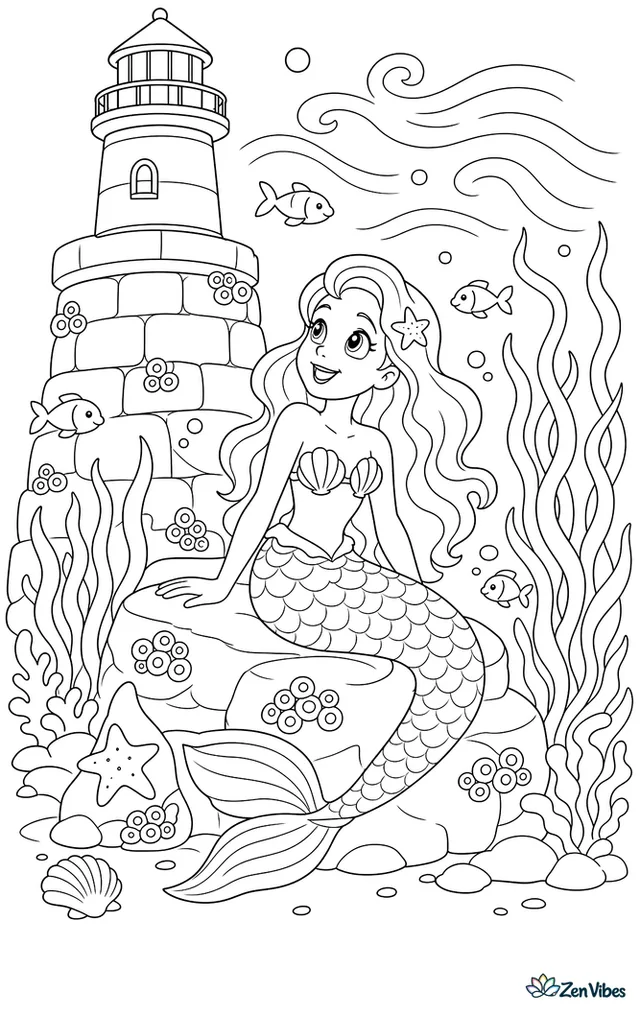 A mermaid rests on underwater rocks below a lighthouse foundation, gazing upward, with barnacled stones, darting fish, tall kelp, and rolling currents around her.