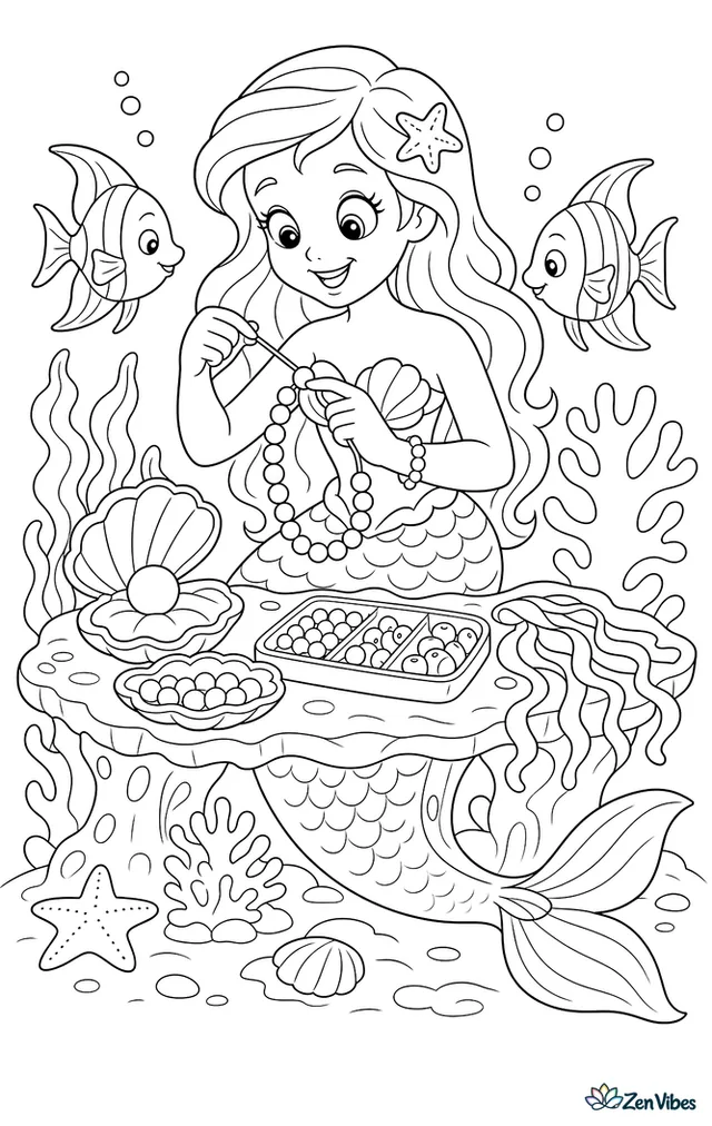 A mermaid strings pearls into a necklace at a coral workbench, with open clams, bead trays, seaweed ribbons, and two angelfish hovering beside her.