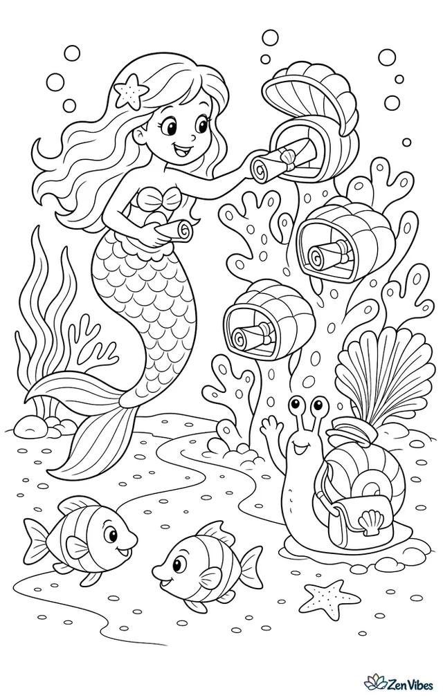 A mermaid delivers rolled seashell messages to a coral mailbox cluster, with a snail mail carrier nearby, waving sea fans, and fish crossing the sandy lane.