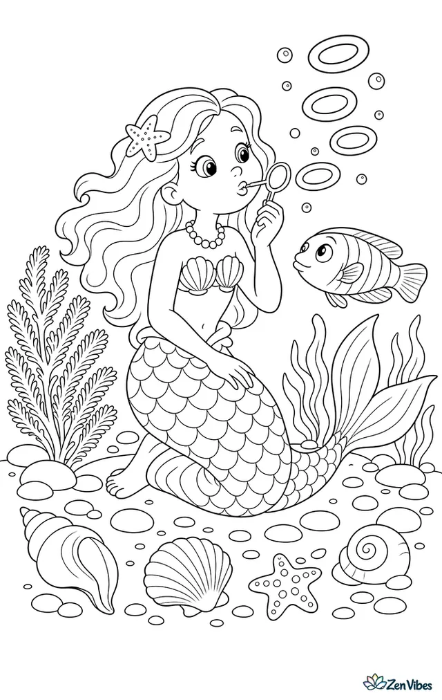 A mermaid blows neat bubble rings in front of her face while kneeling above the seafloor, with curious wrasse, rounded stones, feather coral, and shells around her.