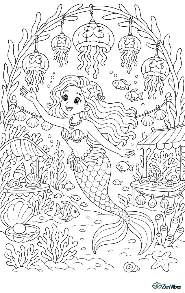 A mermaid swims through a festival of glowing moon jelly lanterns hung from kelp arches, with shell banners, coral booths, and schools of fish surrounding the celebration.