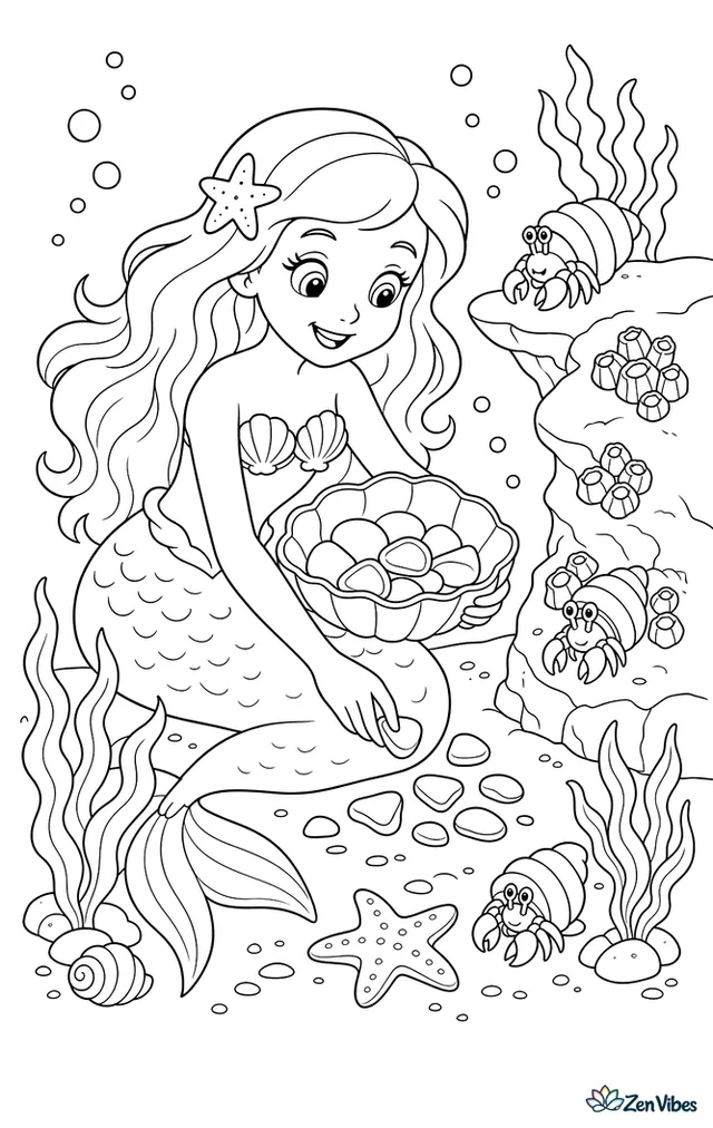 A mermaid gathers smooth sea glass pieces into a shell bowl near a rocky ledge, with barnacles, seaweed fronds, hermit crabs, and sparkling bubbles nearby.