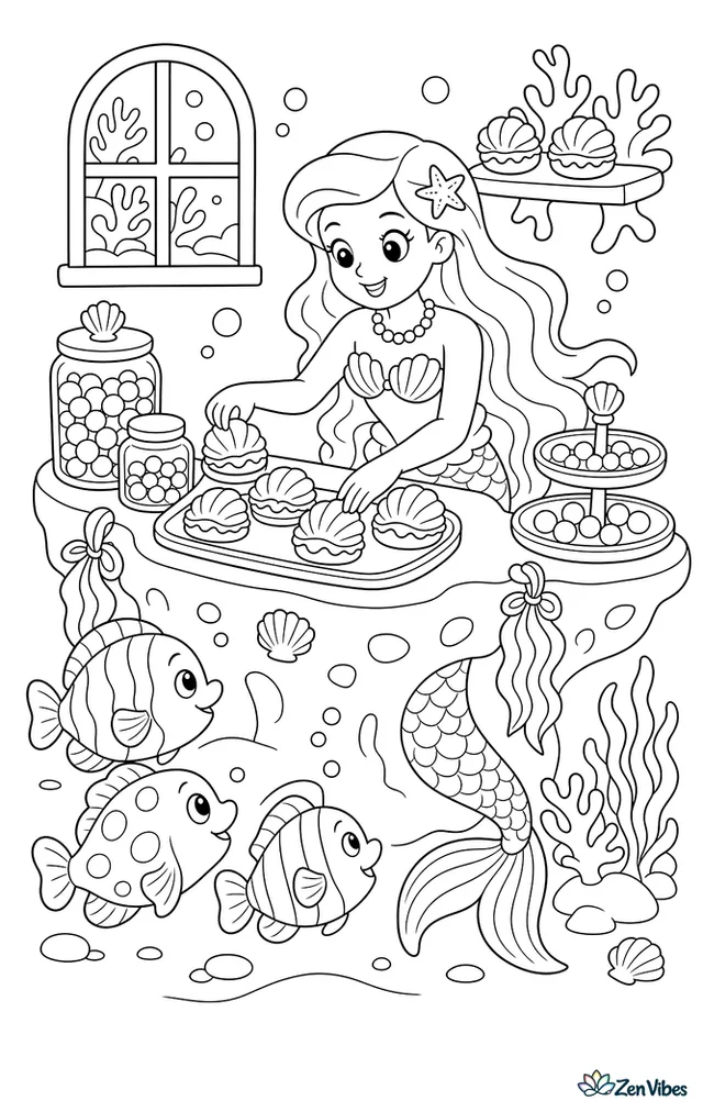 A mermaid arranges shell-shaped pastries on a coral counter in an underwater bakery, with pearl jars, seaweed ribbons, bubble trays, and fish customers waiting nearby.