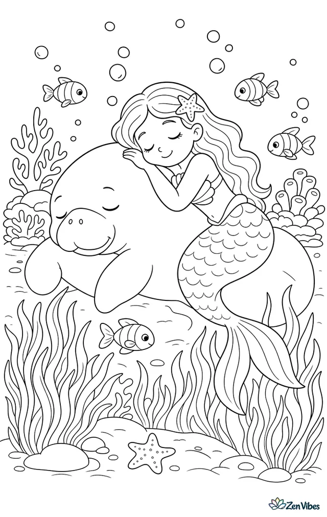 A mermaid naps against a drifting manatee near a meadow of sea grass, with floating bubbles, distant coral heads, and small fish weaving through the peaceful scene.