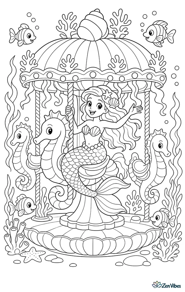 A mermaid rides a spinning carousel built from giant seashells and seahorse poles, with coral lights, waving kelp streamers, and delighted fish circling the merry scene.