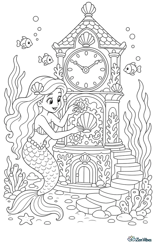 A mermaid adjusts shell gears on an underwater clock tower, with stone steps, swaying kelp, tiny fish, and coral-covered numerals decorating the structure.