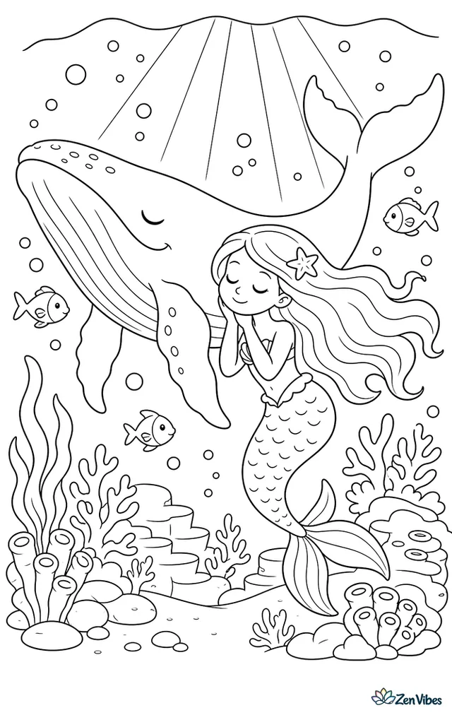 A mermaid floats quietly beside a humpback whale, listening with closed eyes, while bubbles, small fish, distant coral ridges, and beams of light frame the moment.