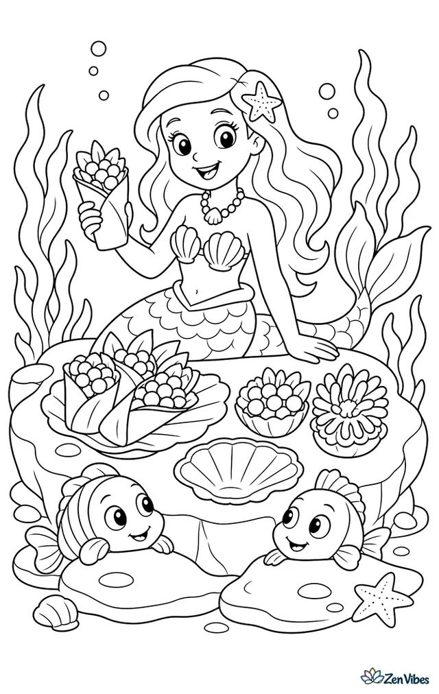 A mermaid hosts a picnic on a flat rock with seaweed wraps and pearl berries, with shell plates, anemone flowers, and two fish peeking over the edge.
