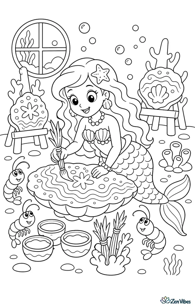 A mermaid paints patterns on a large flat shell using brushes of sea grass, with pigment bowls, coral easels, bubbles, and curious shrimp gathered nearby.