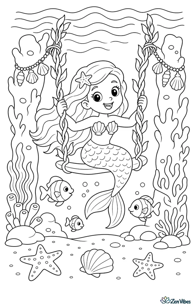 A mermaid swings from a rope of braided kelp between two coral pillars, with fish below, shell garlands, sea stars on the sand, and rippled water above.