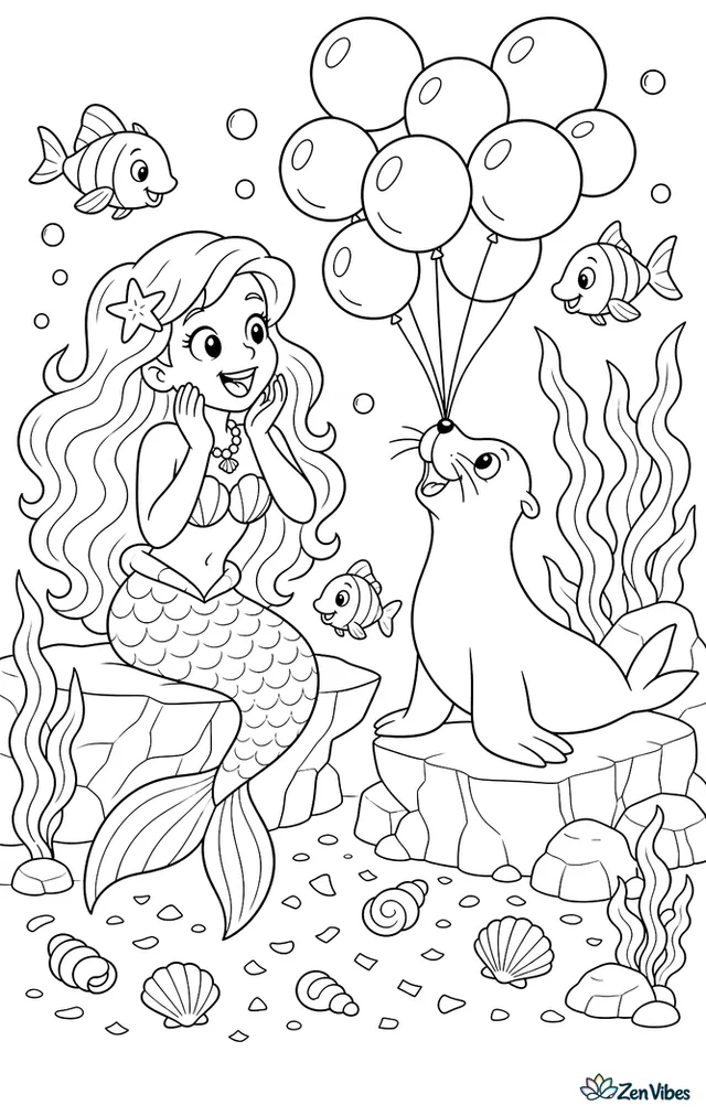 A mermaid laughs as a sea lion balances clusters of giant bubbles like balloons, with rocky ledges, drifting kelp, shell confetti, and fish watching nearby.