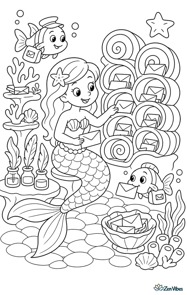 A mermaid sorts letters into spiral shell cubbies inside an underwater post office, with ink bottles, coral shelves, messenger fish, and pebble flooring all around.